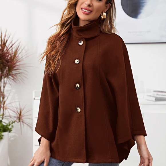 mock neck button cape pea coat cloak sleeve wine - Picture 4 of 10